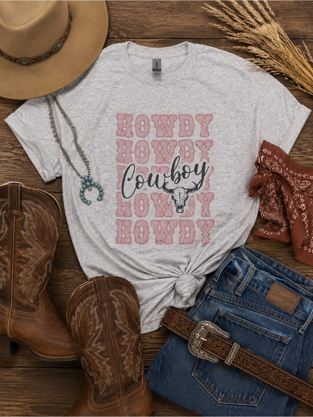 Cowboy Graphic Tee - Gray with Pink & Black